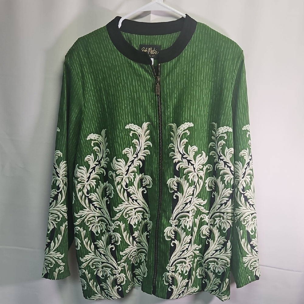 Green and White Fleur de Lis Zip-Up Jacket by Bob Mackie